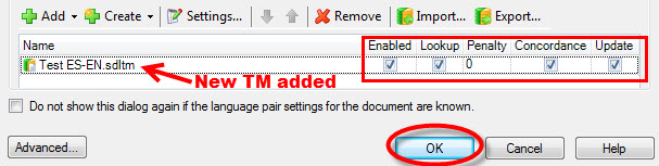 New TM added to Open Document window Added TM